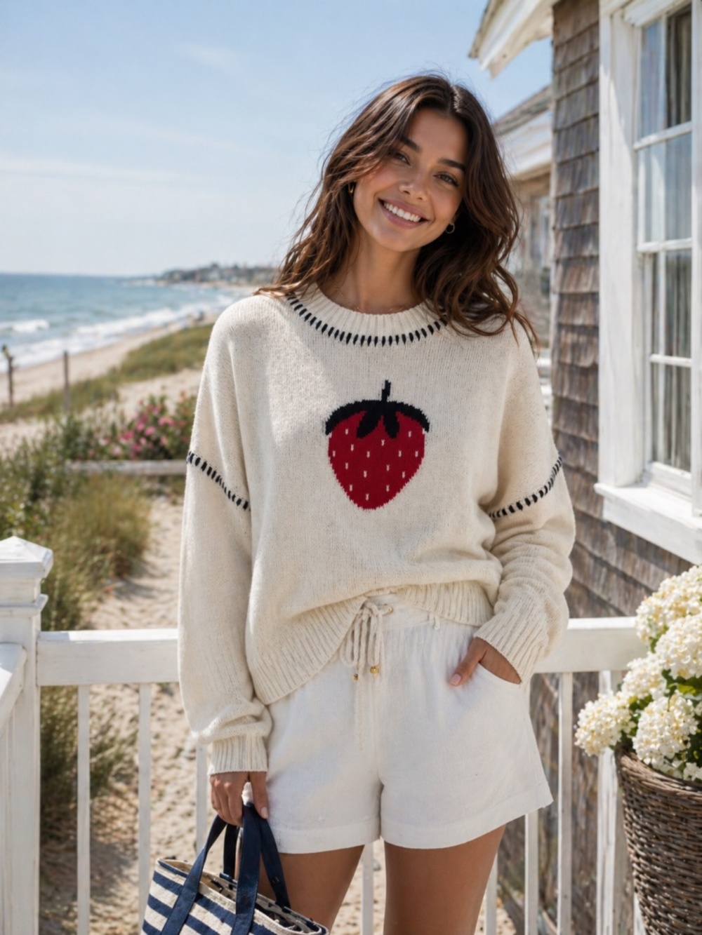 NWT Jessica Simpson XS white sweater cotton strawberry fruit coastal preppy